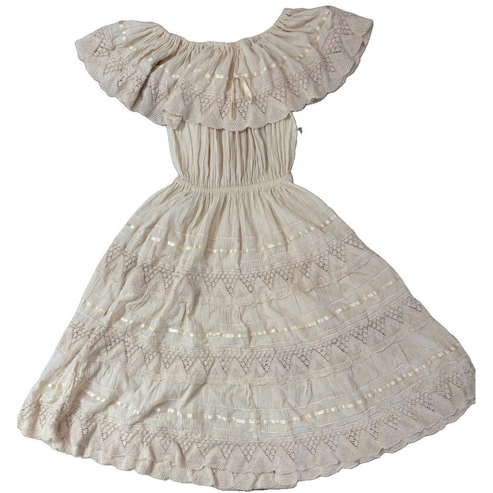 Vtg 70s Mexican Wedding Dress Off Shoulder Gauze Lace Tiered Peasant Boho XS SM - Picture 6 of 11